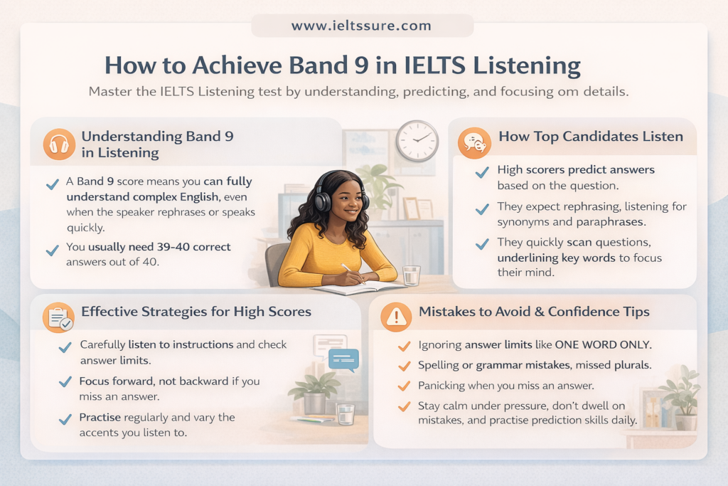 Mastering Band 9 in IELTS Listening Infographic