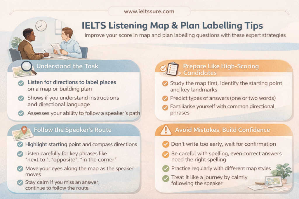 Mastering IELTS Listening Map and Plan Labelling Info Graphic
